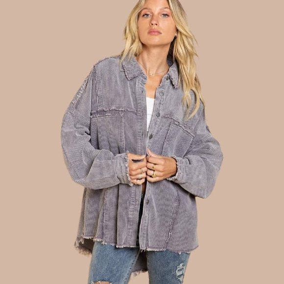Look Effortlessly Boho Chic POL Grey Violet Corduroy Shirt Jacket Shacket - Picture 4 of 5